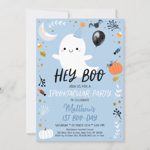 Hey Boo Blue Ghost Halloween Birthday Invitation