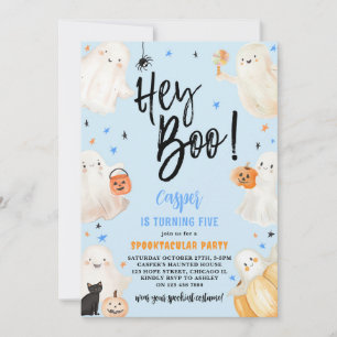 Hey Boo Blue Halloween Cute Ghosts Boy Birthday Invitation