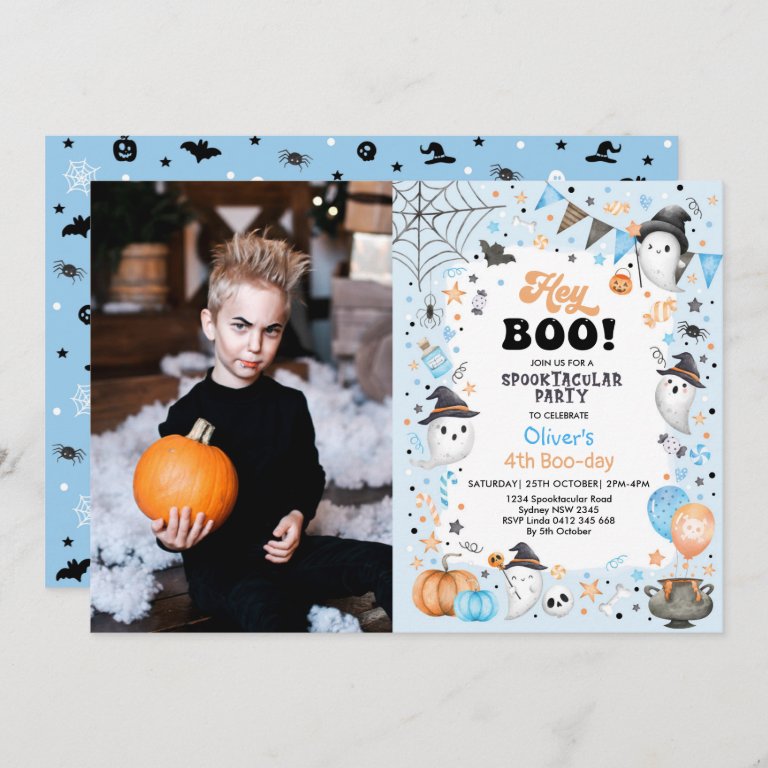 Hey Boo! Blue Halloween Ghost Boy Birthday Invitation