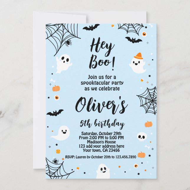 Hey Boo, blue Halloween invitation with photo (Front)