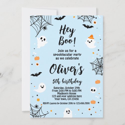 Hey Boo blue Halloween invitation with photo