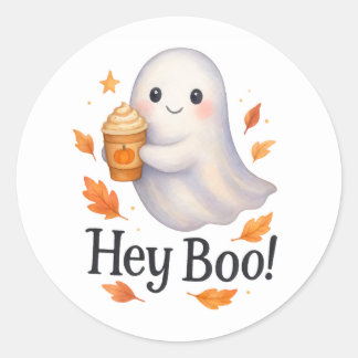 Hey Boo! – Cute AI-Generated Ghost Pumpkin Latte Classic Round Sticker