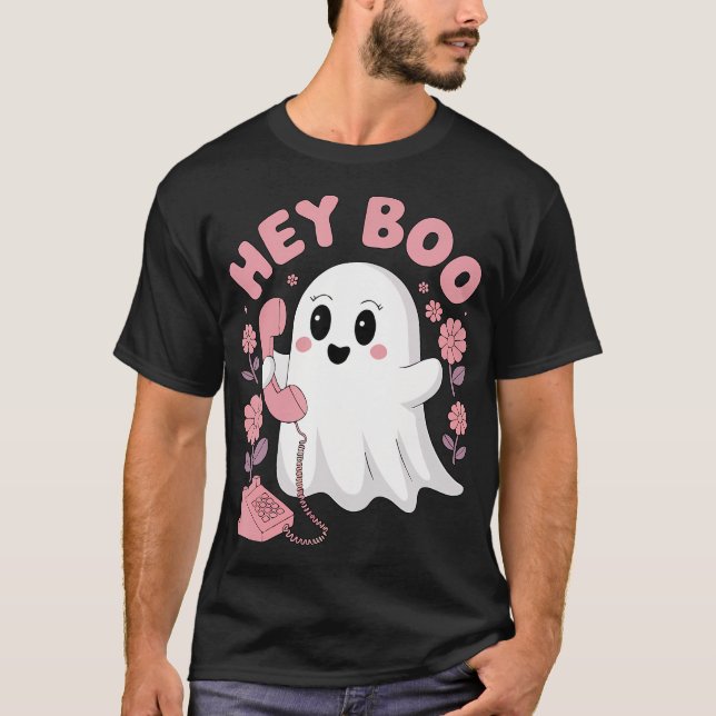 Hey Boo Cute Ghost Funny Halloween Girls Women Kid T-Shirt (Front)