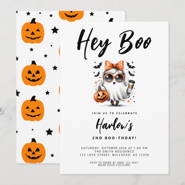 Hey Boo Cute Ghost Halloween Birthday  Invitation (Front/Back)