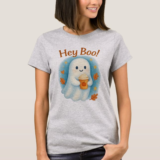 Hey Boo! Cute Ghost with Pumpkin Latte  T-Shirt (Front)