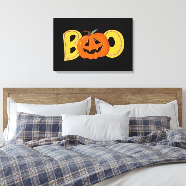 Hey Boo Cute Pumpkin Typography Drawing Art Canvas Print (Insitu(Bedroom))
