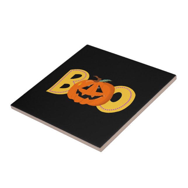 Hey Boo Cute Pumpkin Typography Drawing Art Ceramic Tile (Side)