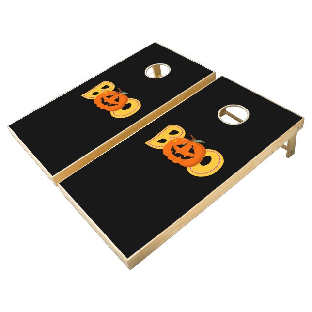 Hey Boo Cute Pumpkin Typography Drawing Art Cornhole Set (Angled)