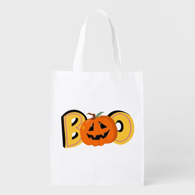 Hey Boo Cute Pumpkin Typography Drawing Art Grocery Bag (Front)