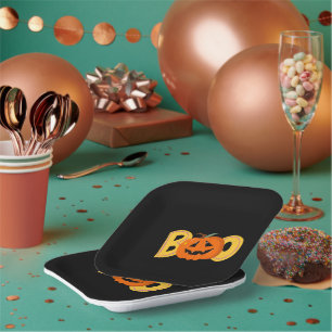 Hey Boo Cute Pumpkin Typography Drawing Art Paper Plates