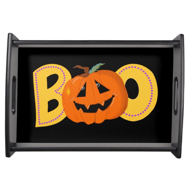 Hey Boo Cute Pumpkin Typography Drawing Art Serving Tray (Front)