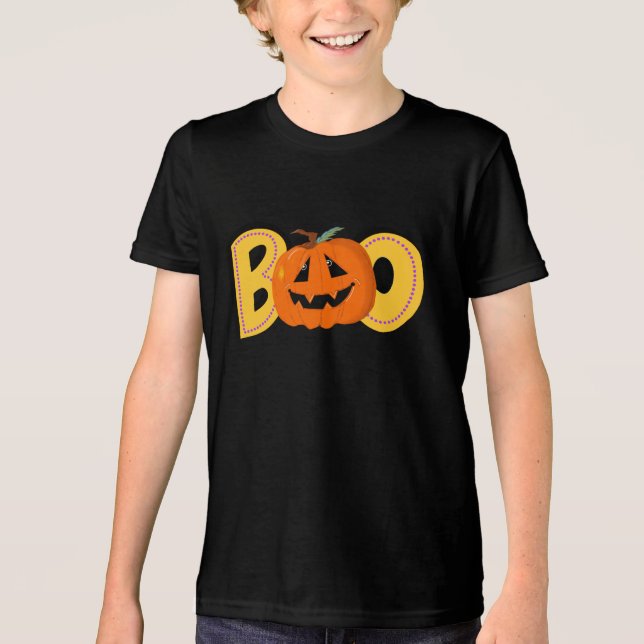 Hey Boo Cute Pumpkin Typography Drawing Art Tri-Blend Shirt (Front)