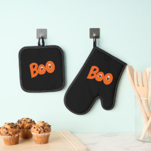 Hey Boo Did I Scare You Too Typography Drawing Art Oven Mitt & Pot Holder Set