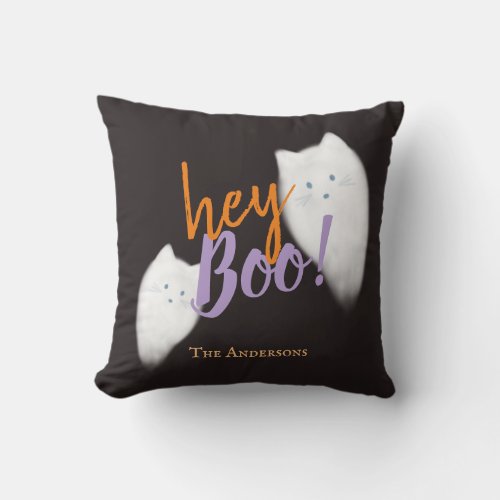 Hey Boo Ghost Cats Black Throw Pillow