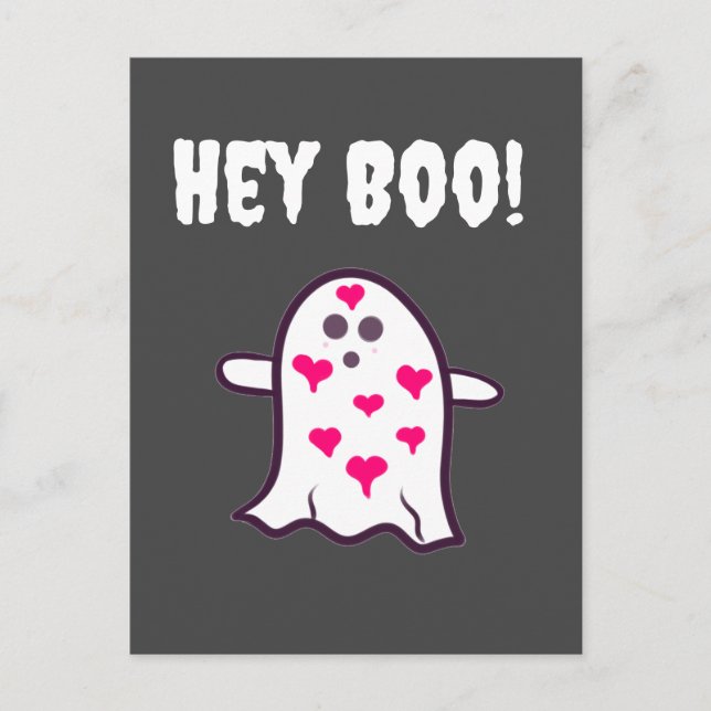 Hey Boo! Ghost Covered in Hearts Postcard (Front)