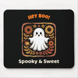 Hey Boo Ghost Retro Halloween Spooky Cute October Mouse Pad