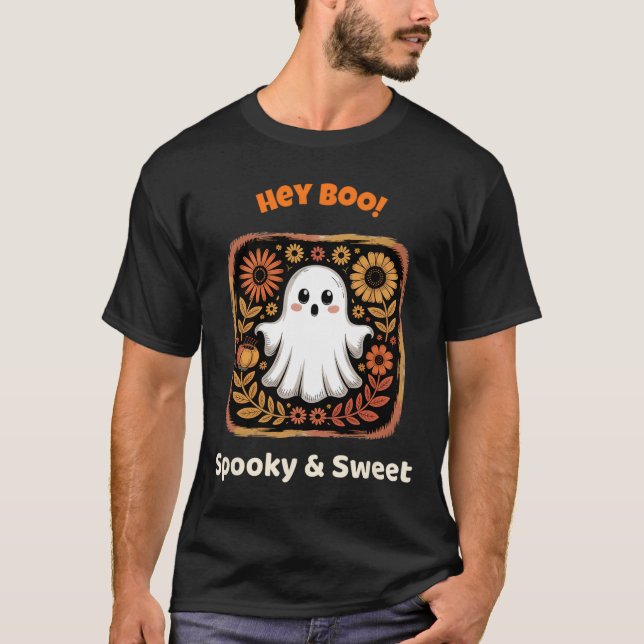 Hey Boo Ghost Retro Halloween Spooky Cute October  T-Shirt (Front)