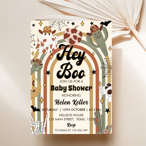 Hey Boo Groovy Cactus Halloween Baby Shower  Invitation