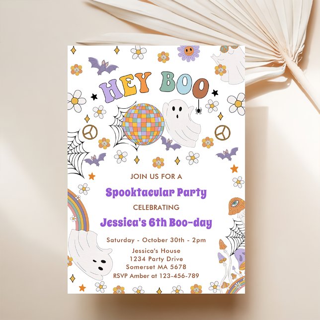 Hey Boo Groovy Halloween 6th Birthday Invitation (Creator Uploaded)