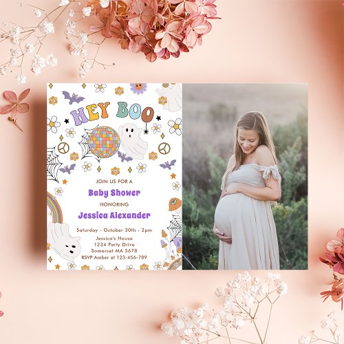 Hey Boo Groovy Halloween Baby Shower Photo  Invitation