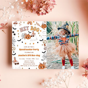 Hey Boo Groovy Halloween Cute Ghost 5th Birthday Invitation