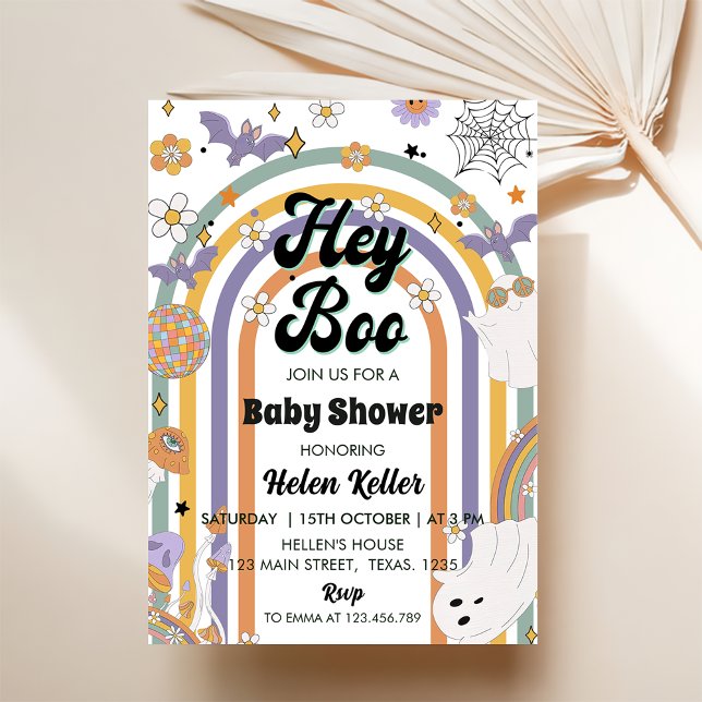 Hey Boo Groovy Rainbow Cute Halloween Baby Shower Invitation (Creator Uploaded)