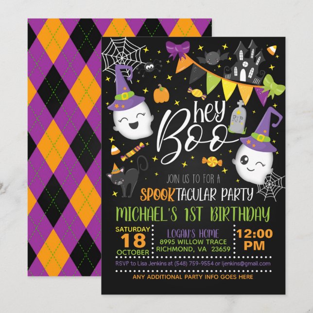 Hey Boo Halloween Birthday Invitation - Blk (Front/Back)