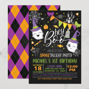 Hey Boo Halloween Birthday Invitation - Blk