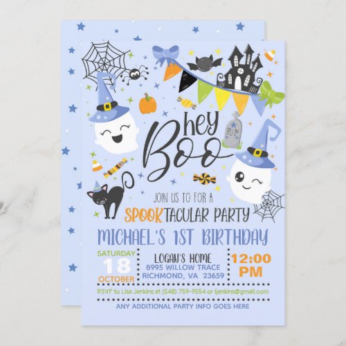 Hey Boo Halloween Birthday Invitation _ Blue