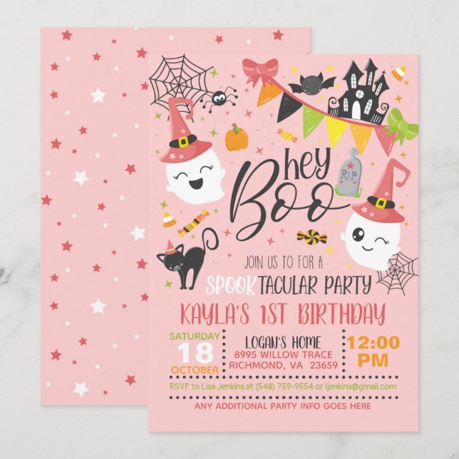 Hey Boo Halloween Birthday Invitation - Pink (Front/Back)