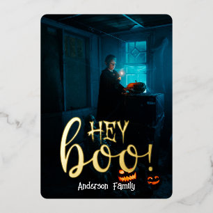 Hey Boo! Halloween Gold Lettering Photo Foil Holiday Card