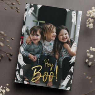 Hey Boo! Halloween Gold Lettering Photo Foil Holiday Card