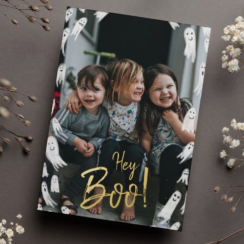 Hey Boo Halloween Gold Lettering Photo Foil Holiday Card