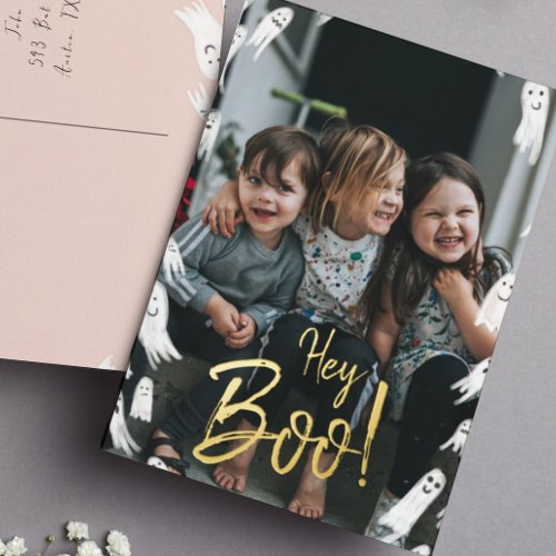 Hey Boo Halloween Gold Lettering Photo Foil Holiday Postcard