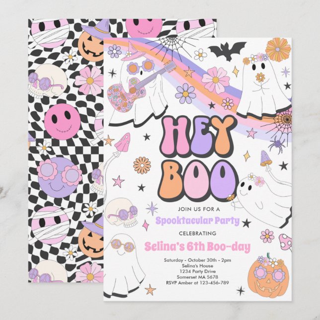Hey Boo Halloween Groovy Cute Ghost Birthday Party Invitation (Front/Back)