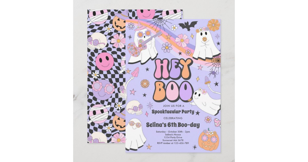 Hey Boo Halloween Groovy Cute Ghost Birthday Party Invitation | Zazzle