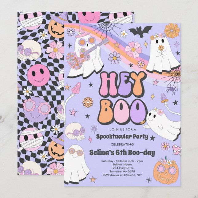 Hey Boo Halloween Groovy Cute Ghost Birthday Party Invitation (Front/Back)