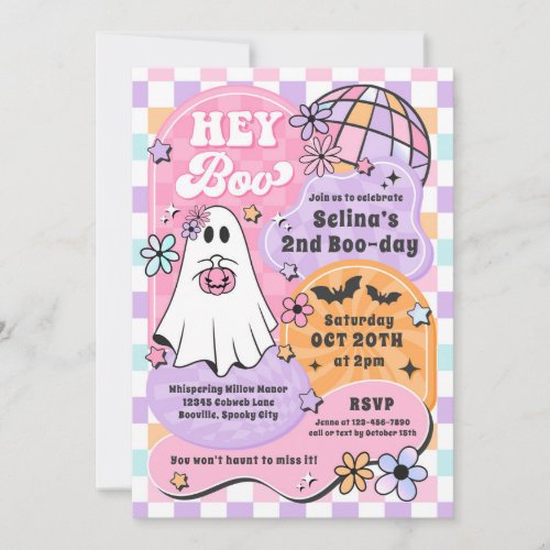 Hey Boo Halloween Groovy Ghost Birthday Party Invitation