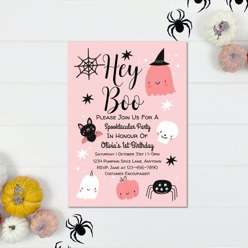 Hey Boo Halloween Pink Ghost 1st Birthday Invitation