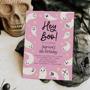Hey Boo Halloween Pink Ghost Birthday Invitation