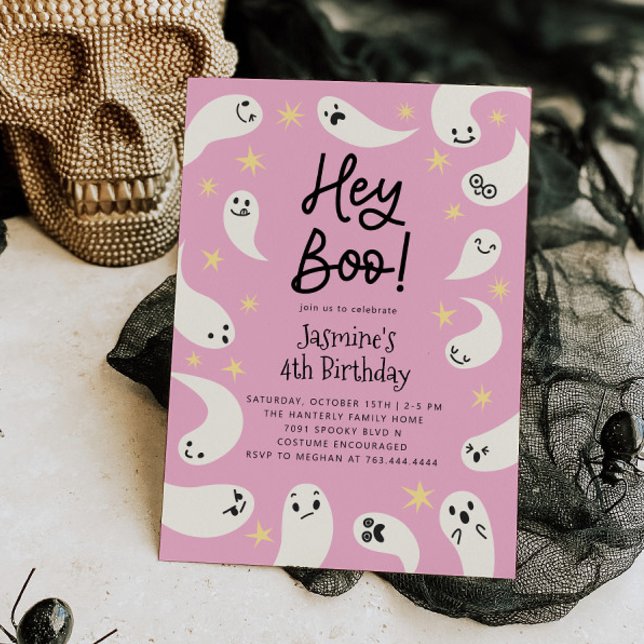 Hey Boo Halloween Pink Ghost Birthday Invitation (Creator Uploaded)