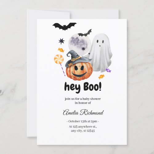 HEY BOO Halloween Pumpkin Little Boo  Invitation