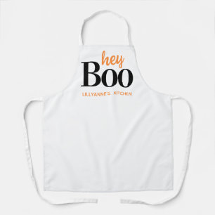 Hey Boo Halloween White Black Typography Monogram Apron