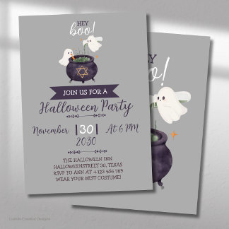 Hey Boo Happy Halloween Ghost With Cauldron Party Invitation