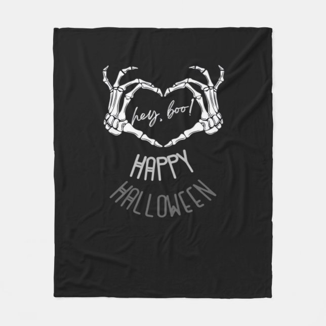 Hey, Boo! Happy Halloween Skeleton Hand Heart Clas Fleece Blanket (Front)