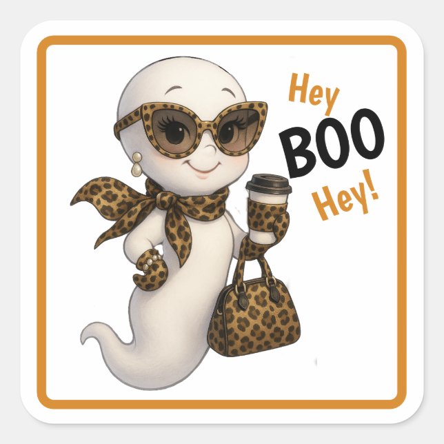 Hey BOO Hey – Glam Leopard Print Bougie Ghost Tee Square Sticker (Front)