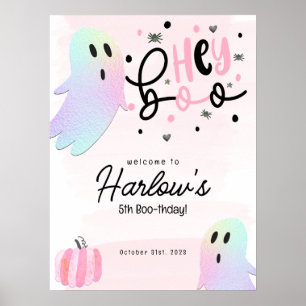 Hey Boo iridescent Ghost PinkHalloween Welcome Poster