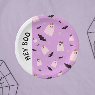 Hey Boo Little ghosts with bows Halloween Paper Plates
