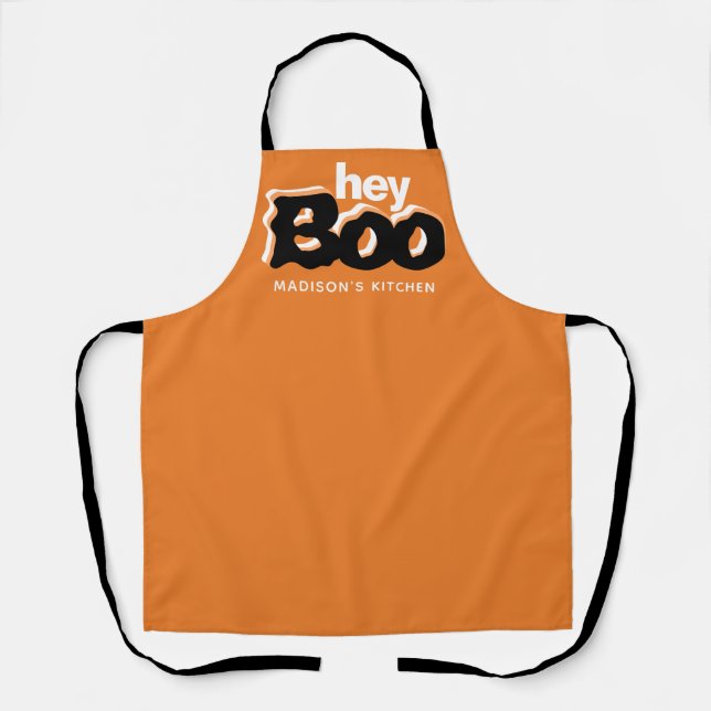 Hey Boo Orange And Black Halloween Personalized Apron (Front)