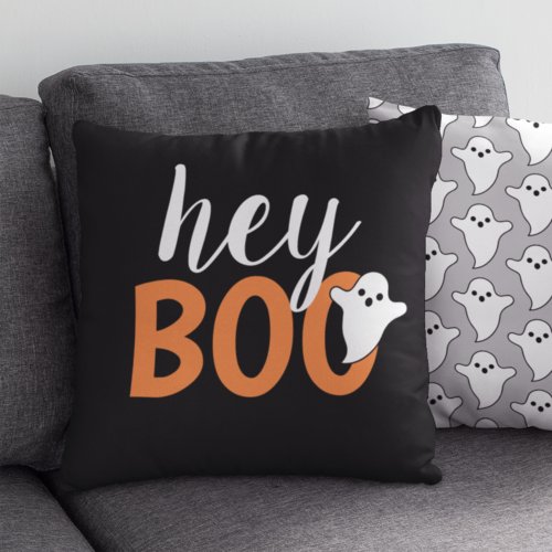 Hey Boo Orange Black Funny Halloween Ghost Throw Pillow